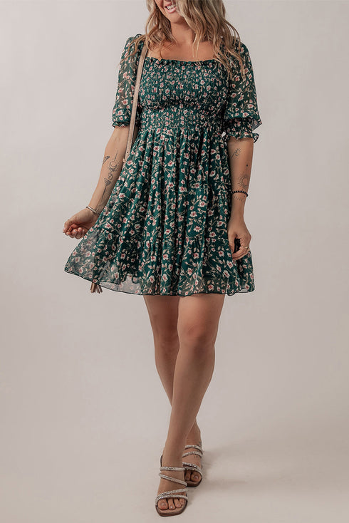 Floral Smocked Puff Sleeve A Line Mini Dress with Square Neck
